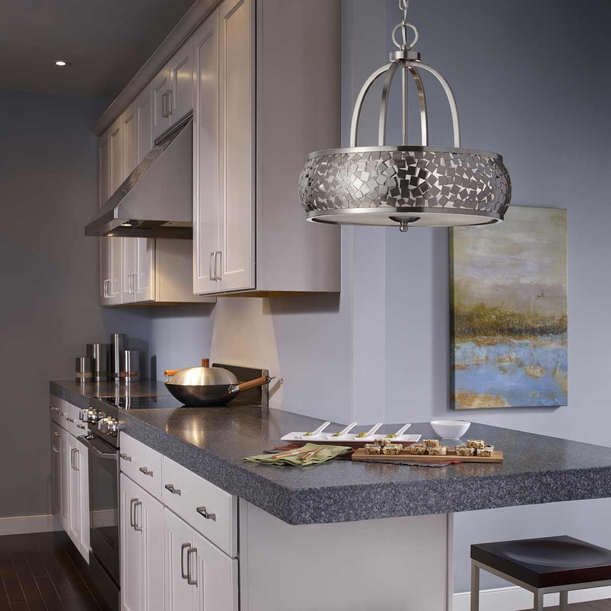 Contemporary Brushed Steel Chandelier with Hand-Welded Cut Metal and Glass Diffuser Design