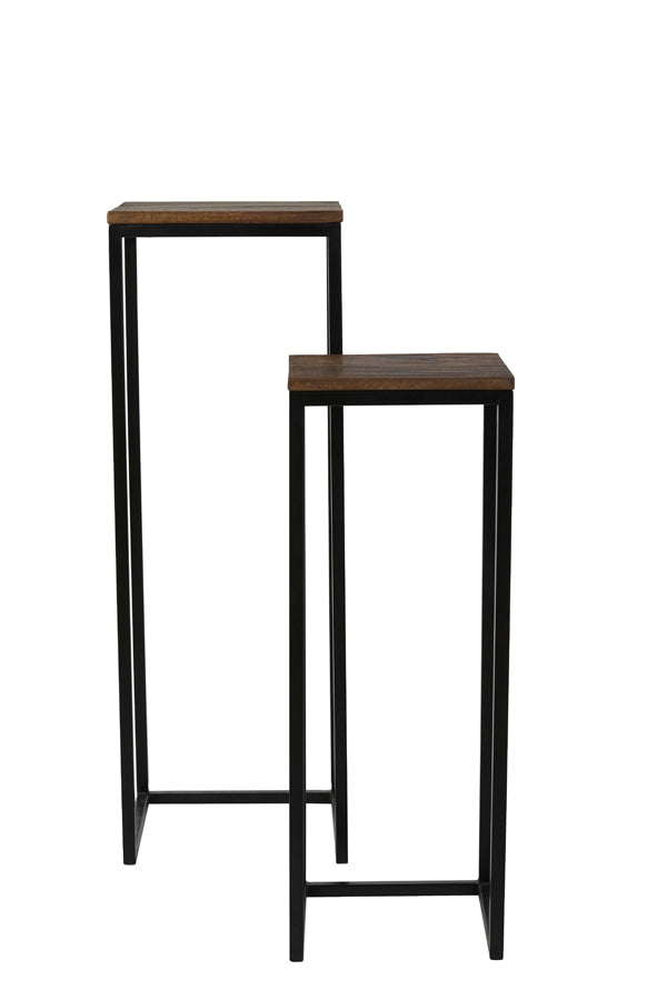 Set of Two Bryson Wood Pillars in Brown-Black Finish, Sizes 30x30x83 cm and 36x36x103 cm