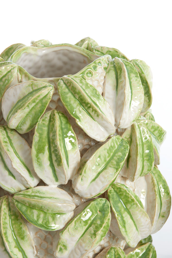 Elegant Carambola Ceramic Vase in Cream and Green, 32x31.5x36.5 cm