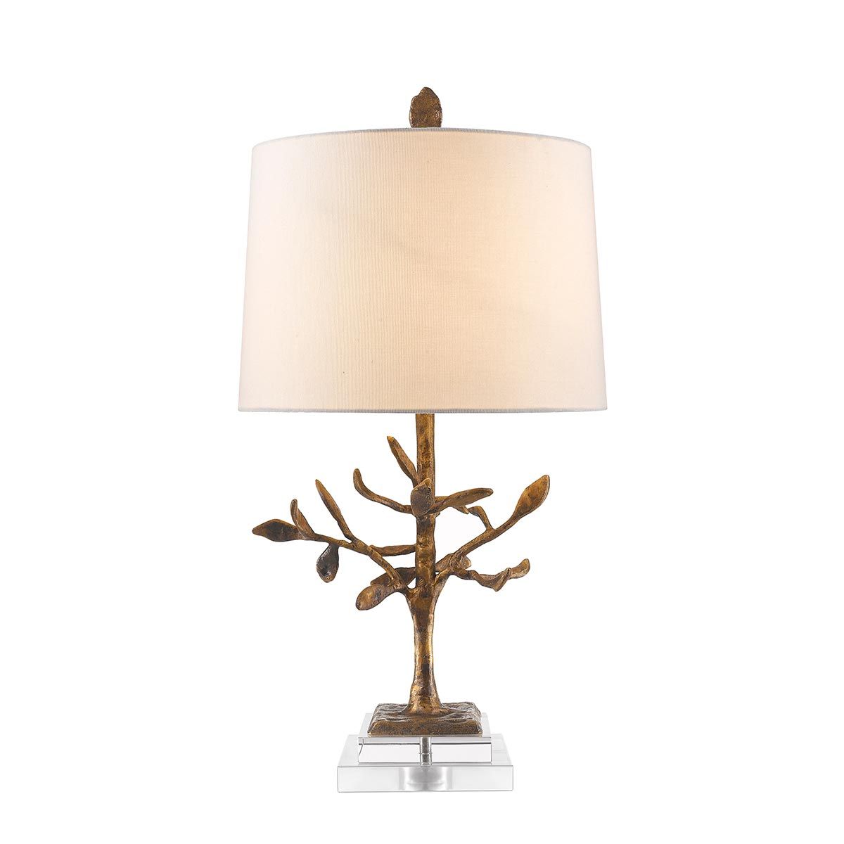 Elegant Distressed Gold and Crystal Abstract Table Lamp with Cream Linen Drum Shade
