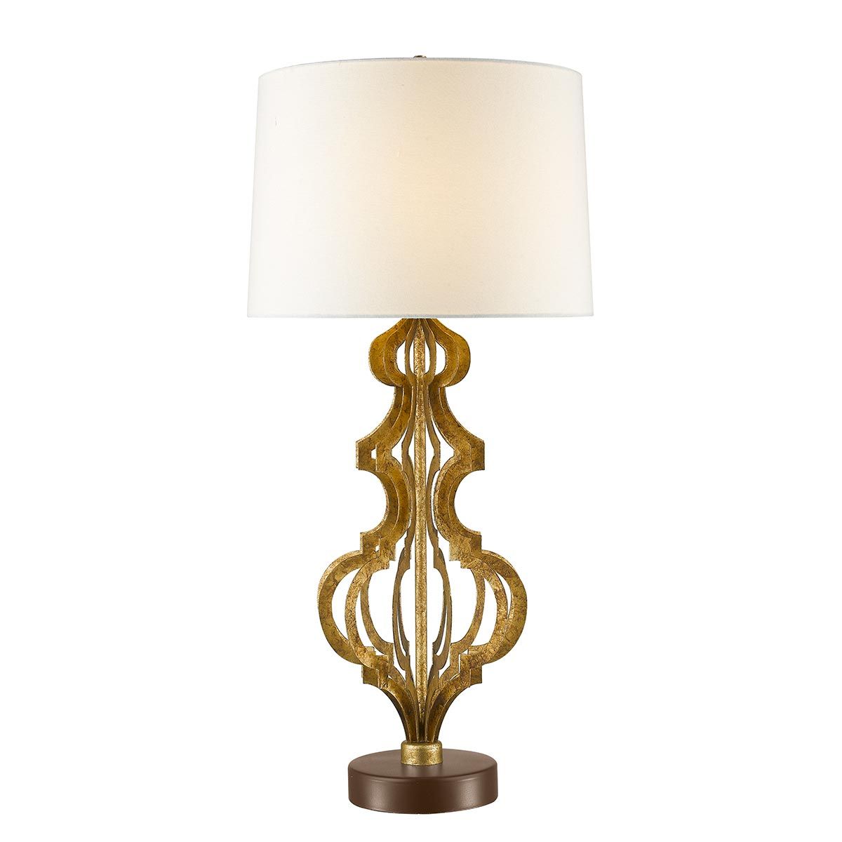 Elegant Octavia Table Lamp with Distressed Gold Frame and Cream Linen Shade on Dark Brown Base