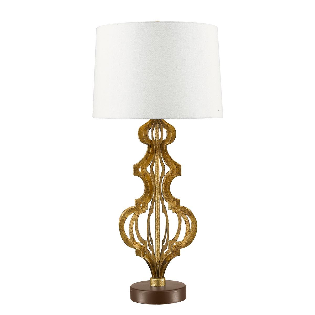 Elegant Octavia Table Lamp with Distressed Gold Frame and Cream Linen Shade on Dark Brown Base