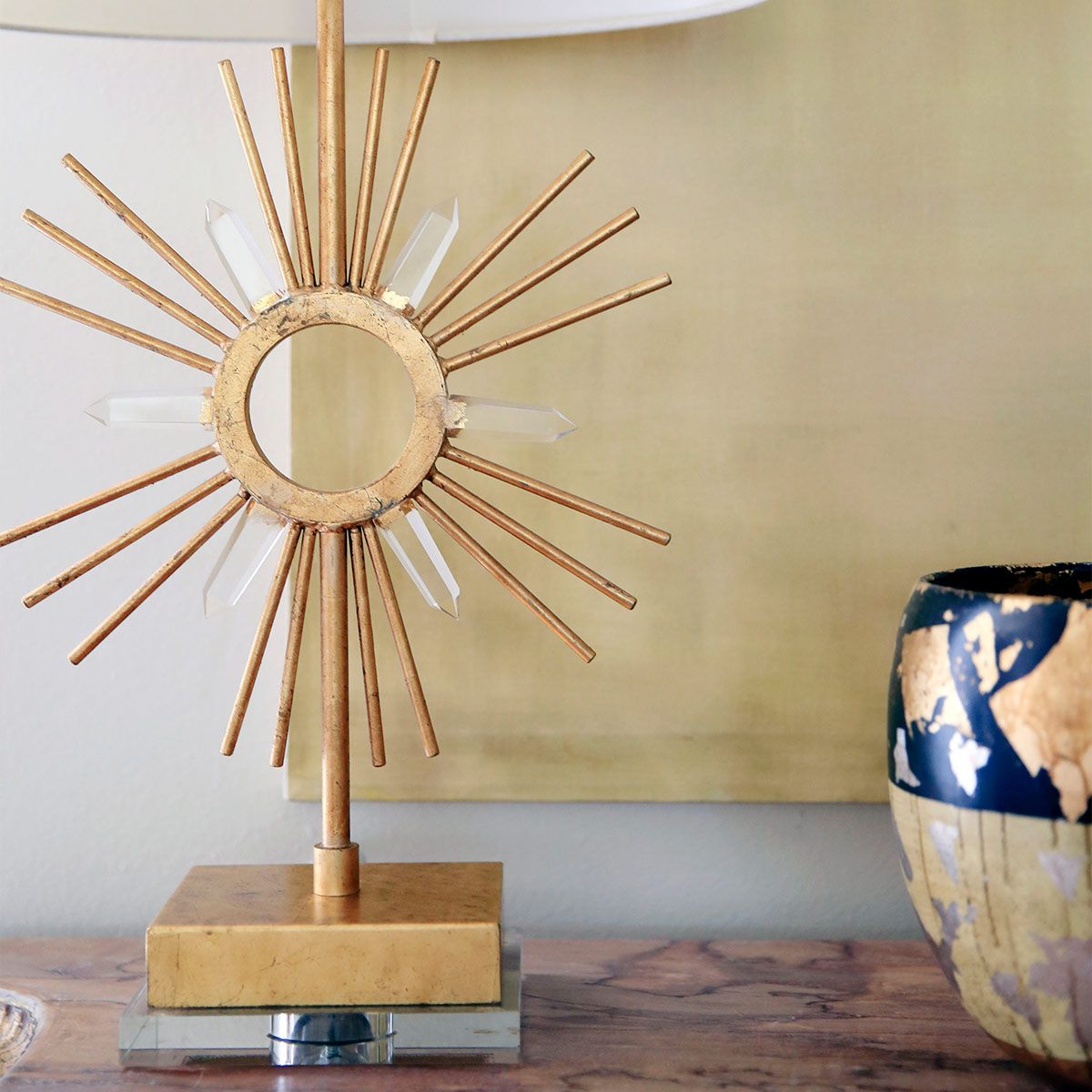 Sun King Distressed Gold Sunburst Lamp with Quartz Accents and Crystal Base