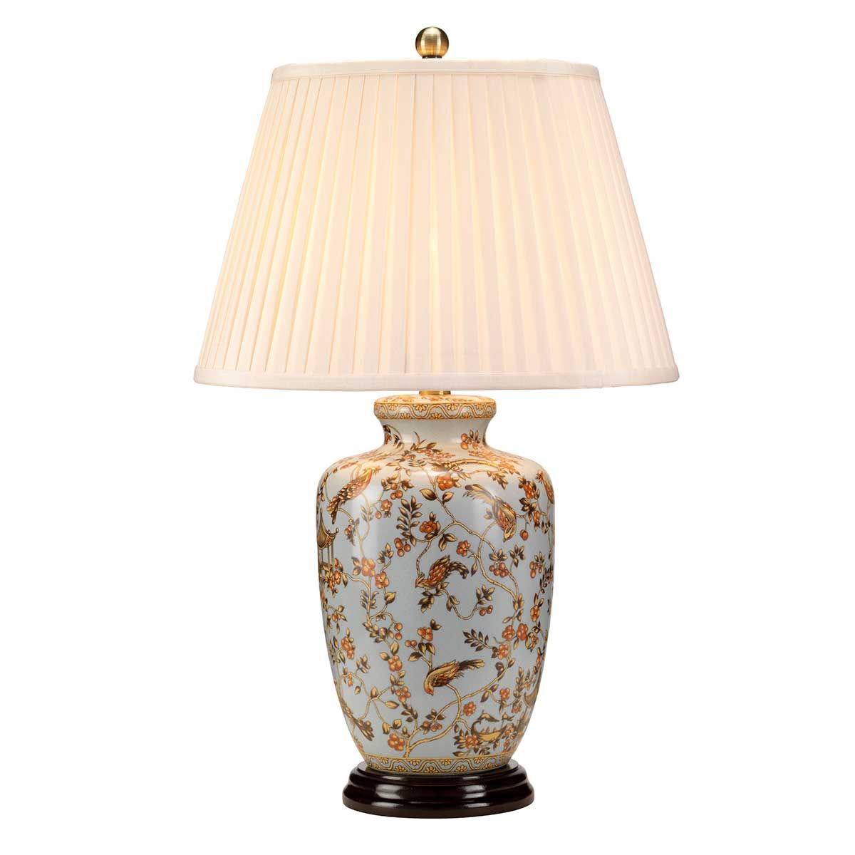 Blue Porcelain Lamp with Gold Birds and Berries - Shade Included