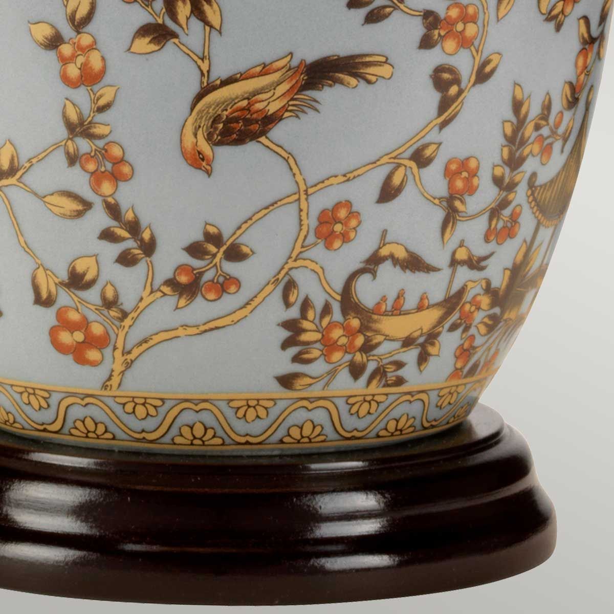 Blue Porcelain Lamp with Gold Birds and Berries - Shade Included