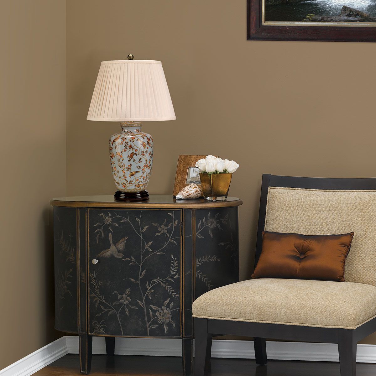 Blue Porcelain Lamp with Gold Birds and Berries - Shade Included