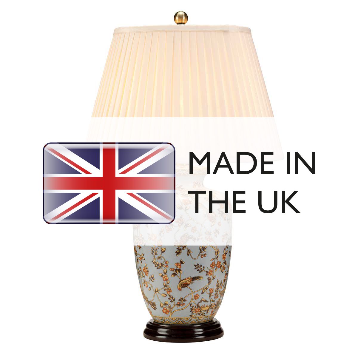 Blue Porcelain Lamp with Gold Birds and Berries - Shade Included