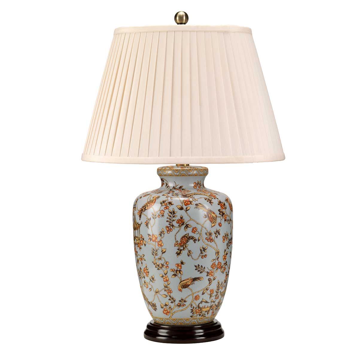 Blue Porcelain Lamp with Gold Birds and Berries - Shade Included