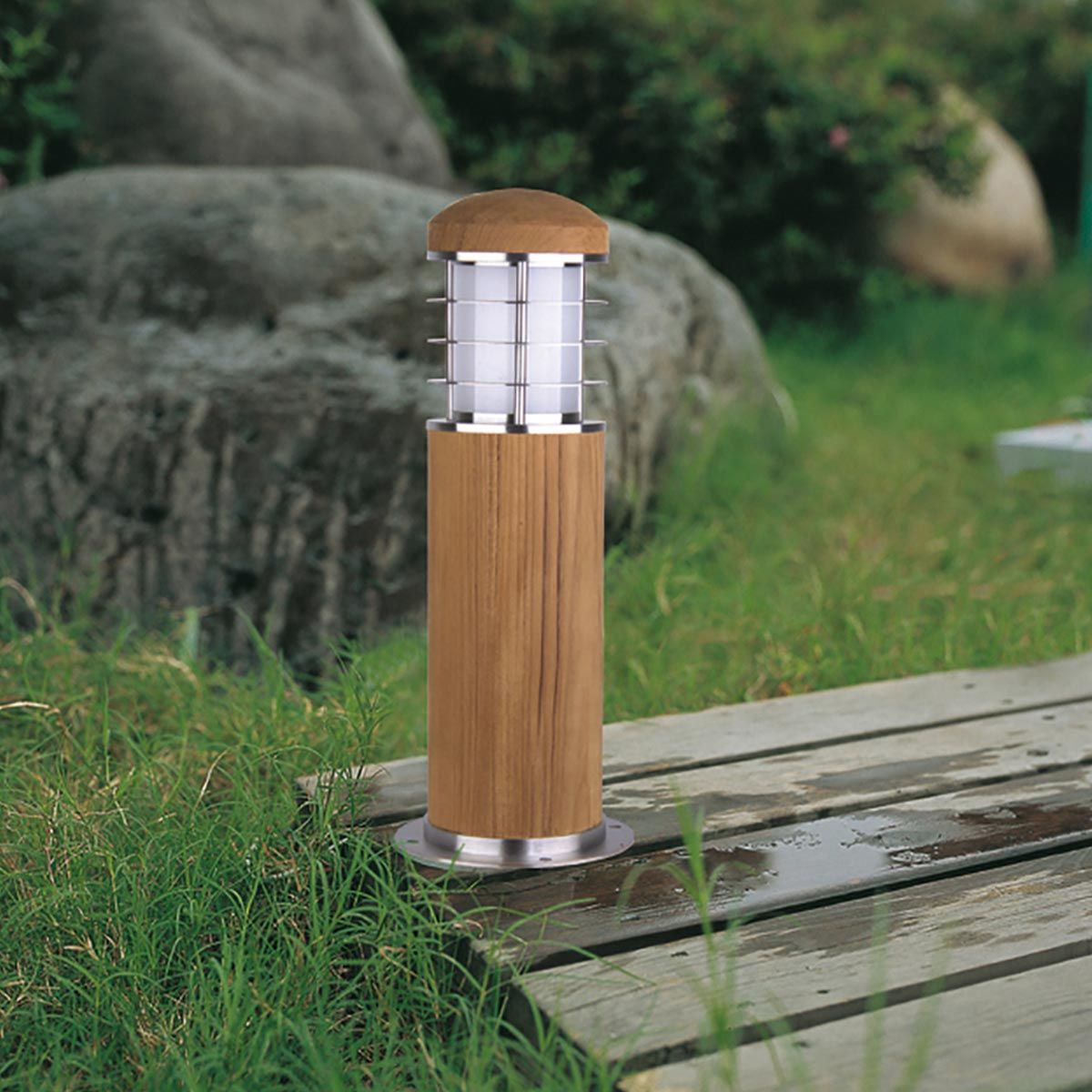 Poole 1 Light Mini Bollard Teak and Stainless Steel