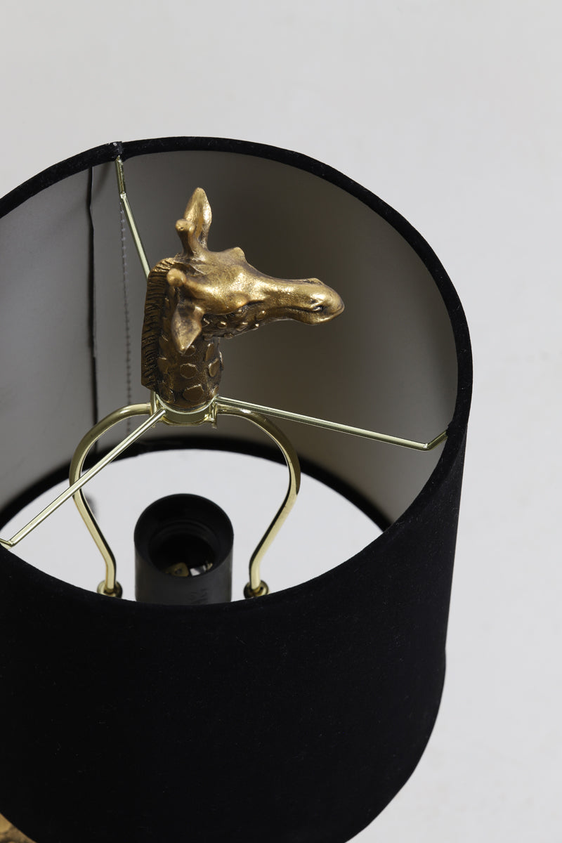 Antique Bronze Giraffe Table Lamp with Velvet Black Shade, 26x16x61 cm