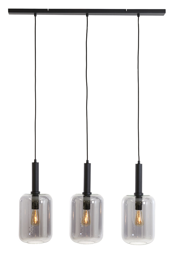 Suspended Trio Pendant Light with Black Frame and Smoked Glass Globes