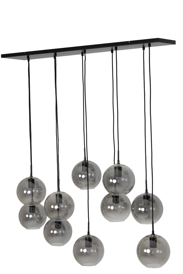 Contemporary 10-Light Pendant in Matte Black with Smoked Glass Orbs