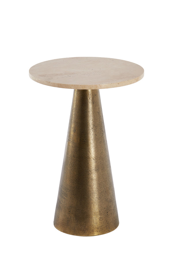 Round Ynez Side Table in Travertine Sand with Antique Bronze Base - 36x51 cm