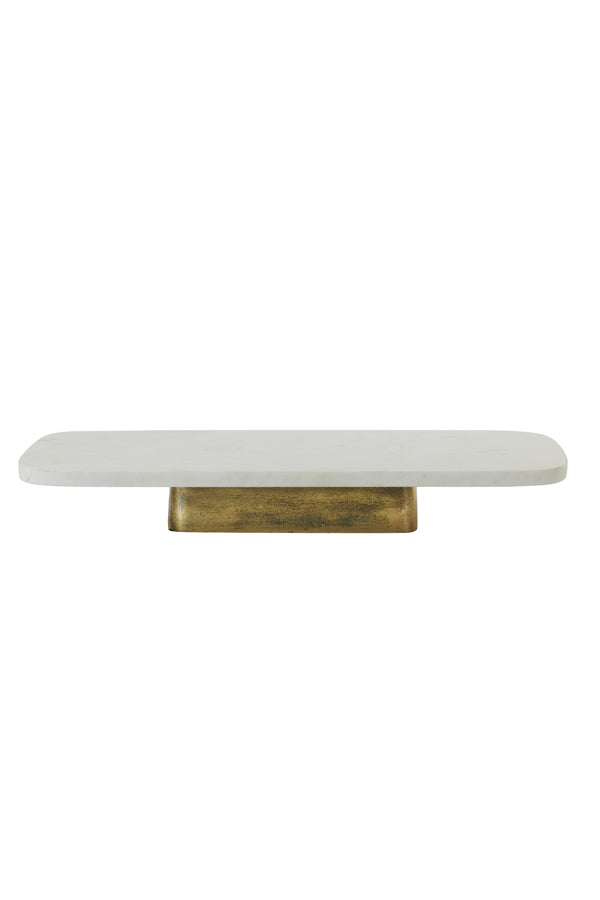 Marble Elegance: White-Antique Bronze Dish on Base 50x24x7 cm