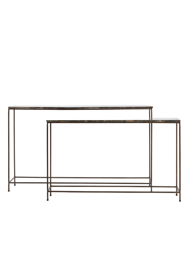 Set of 2 Console Tables in Brown Marble and Wood - Sizes 120x21x72 & 140x25x82 cm