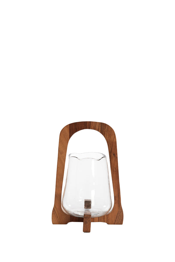 Glass Hurricane Lantern with Natural Wood Base, Ø18x26.5 cm
