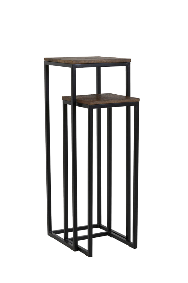 Set of Two Bryson Wood Pillars in Brown-Black Finish, Sizes 30x30x83 cm and 36x36x103 cm