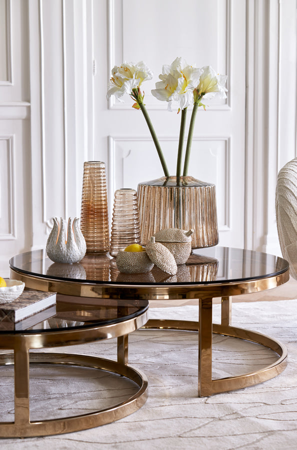 Elegant Nesting Coffee Tables Set with Gold Accents - Glass Top Duo 100.5x36.5 cm