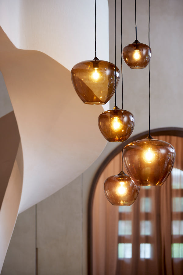 Vintage Globe Pendant Light in Amber Glass and Matte Black
