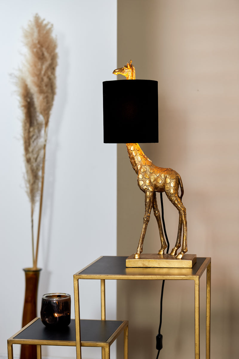 Antique Bronze Giraffe Table Lamp with Velvet Black Shade, 26x16x61 cm