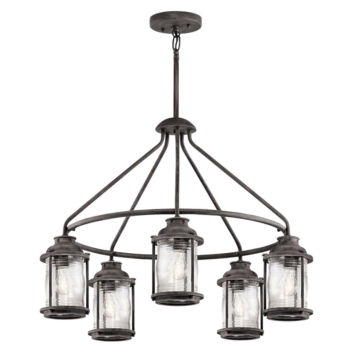 Ashland Bay 5-Light Outdoor Chandelier in Weathered Zinc with Seeded Glass