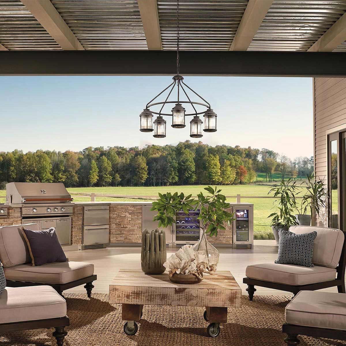 Ashland Bay 5-Light Outdoor Chandelier in Weathered Zinc with Seeded Glass