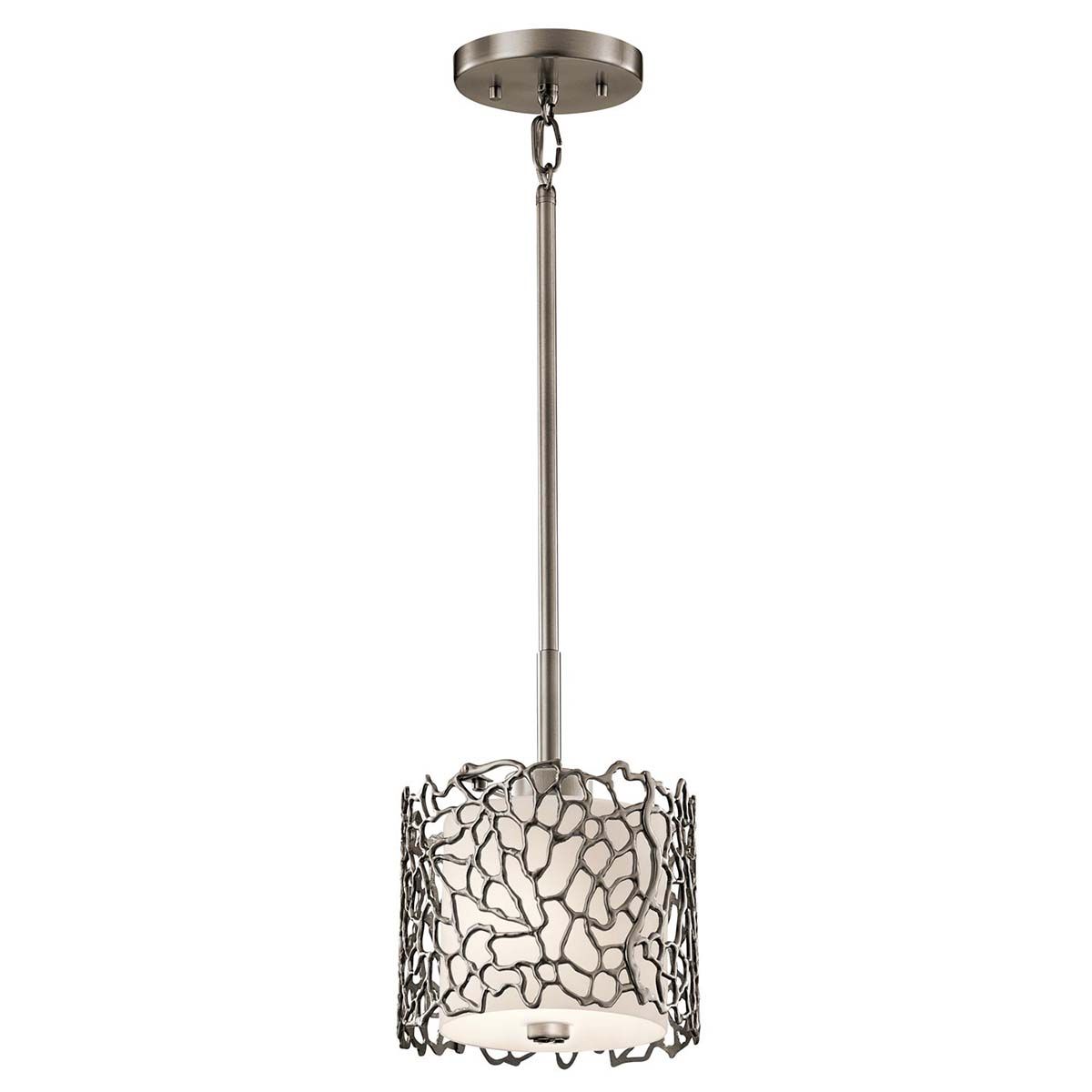 Silver Coral Inspired Pewter Pendant Light with Etched Glass Shade
