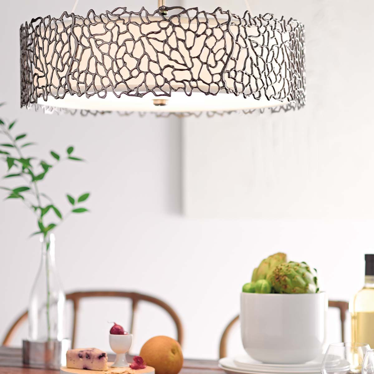Classic Pewter Coral-Inspired Pendant Light with White Glass Diffuser