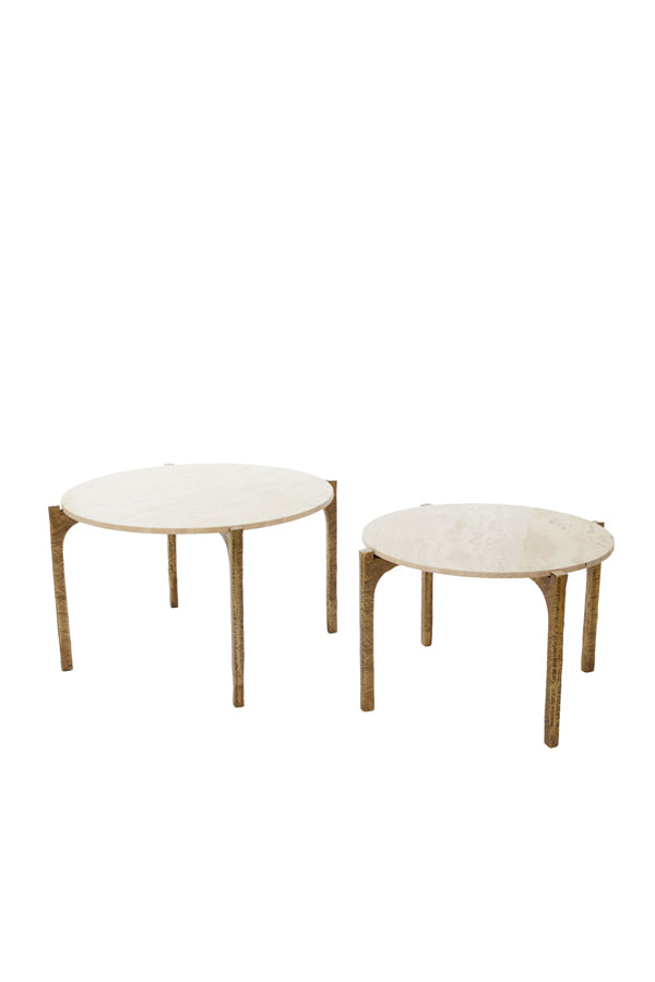 Set of 2 Elegant Kanae Coffee Tables in Travertine Sand and Antique Bronze