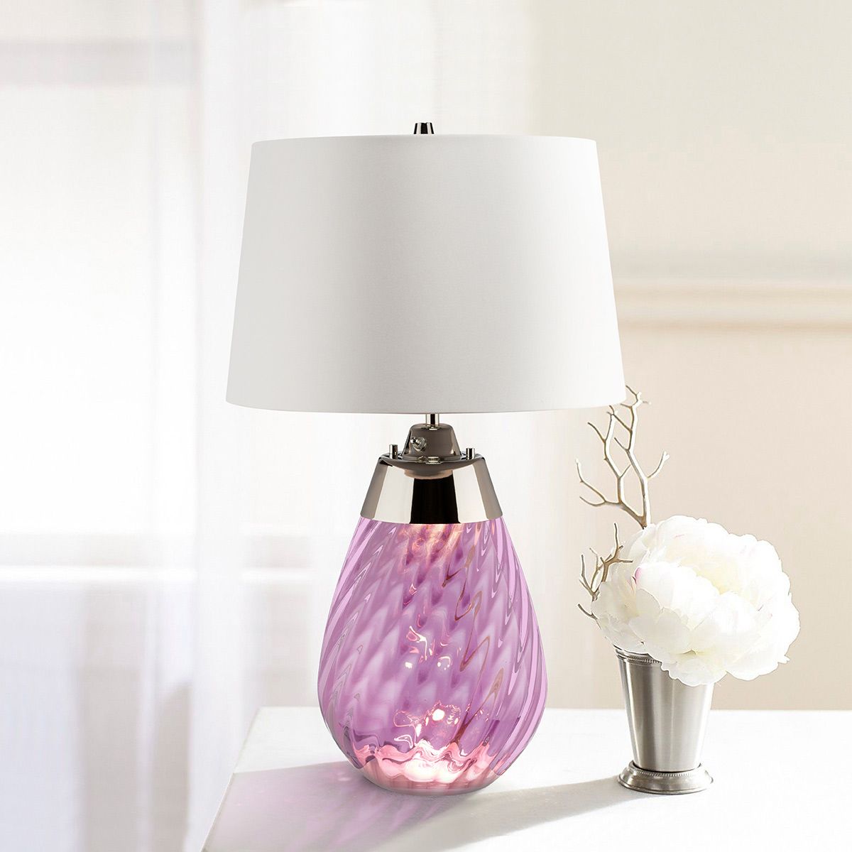 Lena Dual-Lit Plum Glass Table Lamp with Off-White Satin Shade