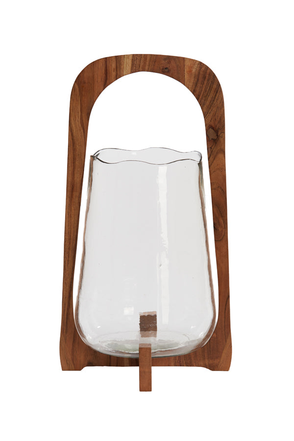 Clear Anosy Glass Hurricane Lantern with Natural Wood Base - 26x48 cm