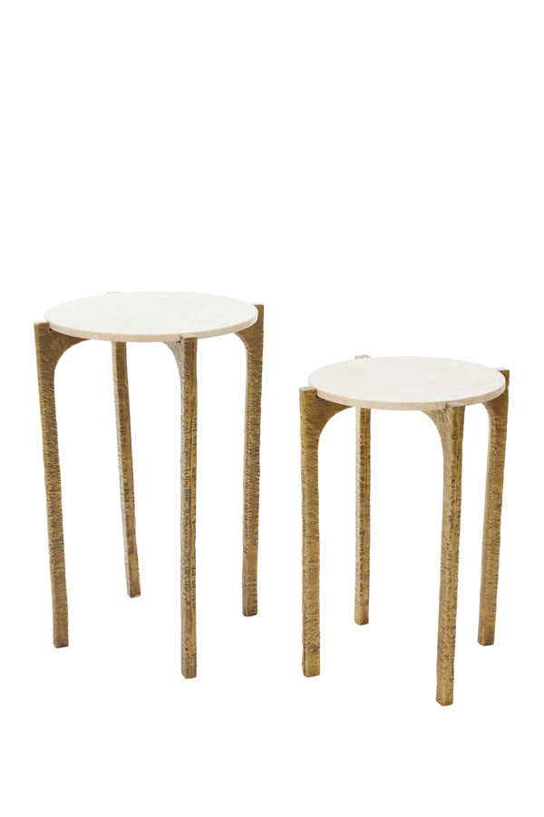 Modern Nesting Side Tables Set in Travertine and Antique Brass Finish