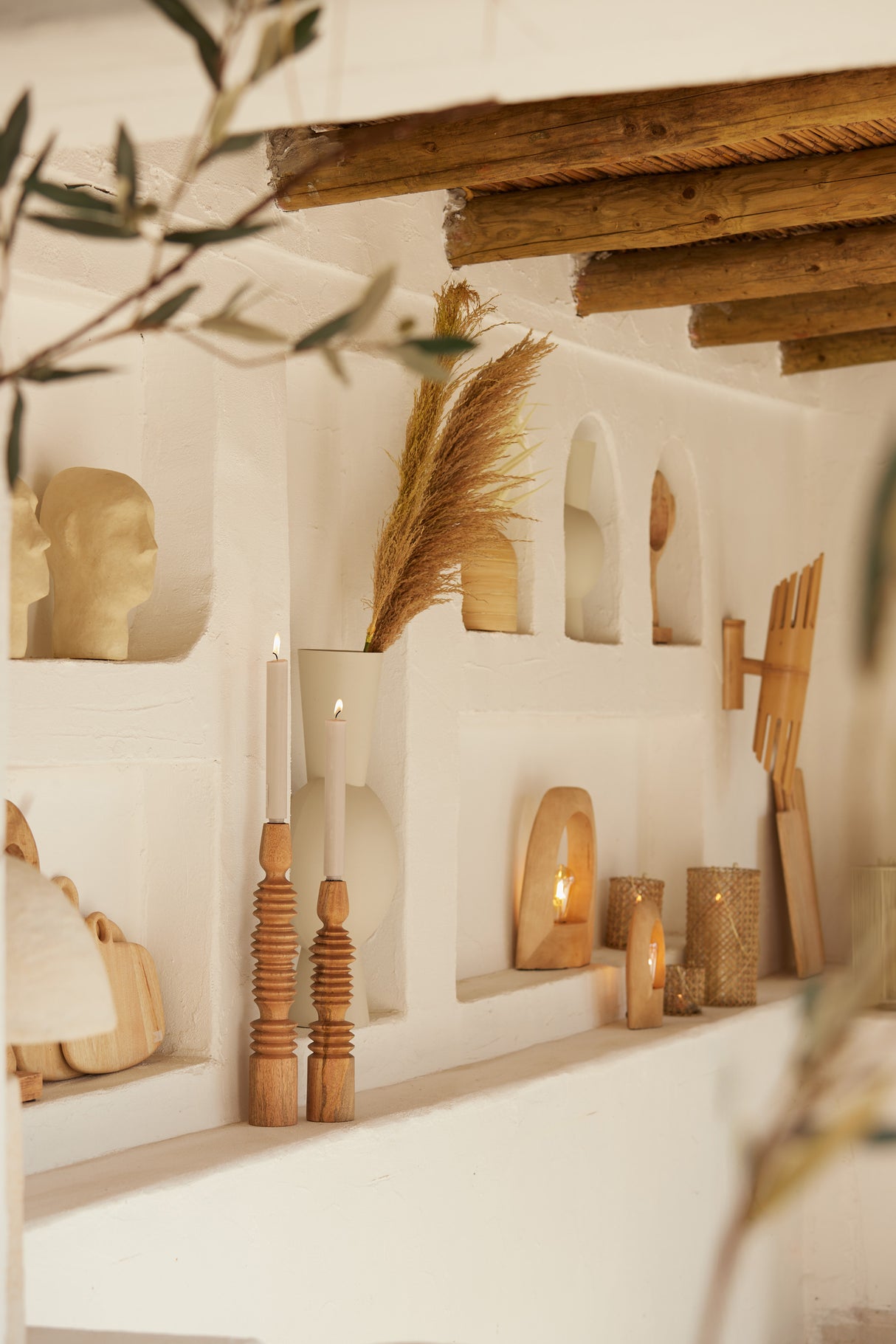Rustic Elegance: Tall Wooden Candle Holder 45.5 cm