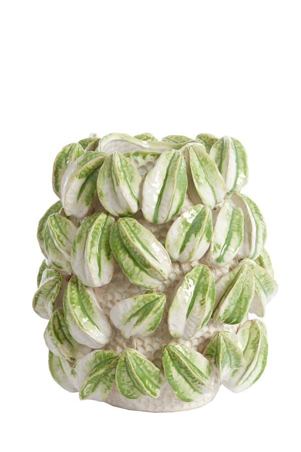 Elegant Carambola Ceramic Vase in Cream and Green, 32x31.5x36.5 cm