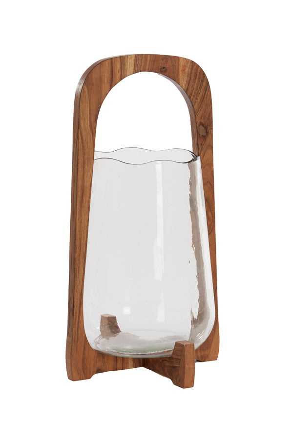 Clear Anosy Glass Hurricane Lantern with Natural Wood Base - 26x48 cm