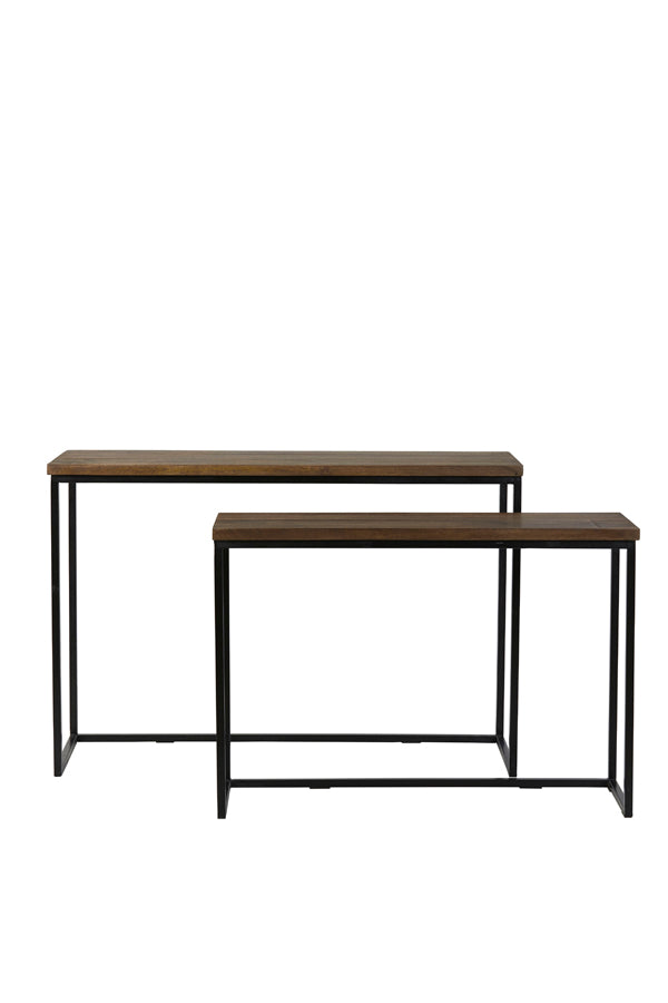 Rustic Modern Dual Console Set in Warm Wood Tones and Black Metal 100x30x70+120x40x82 cm