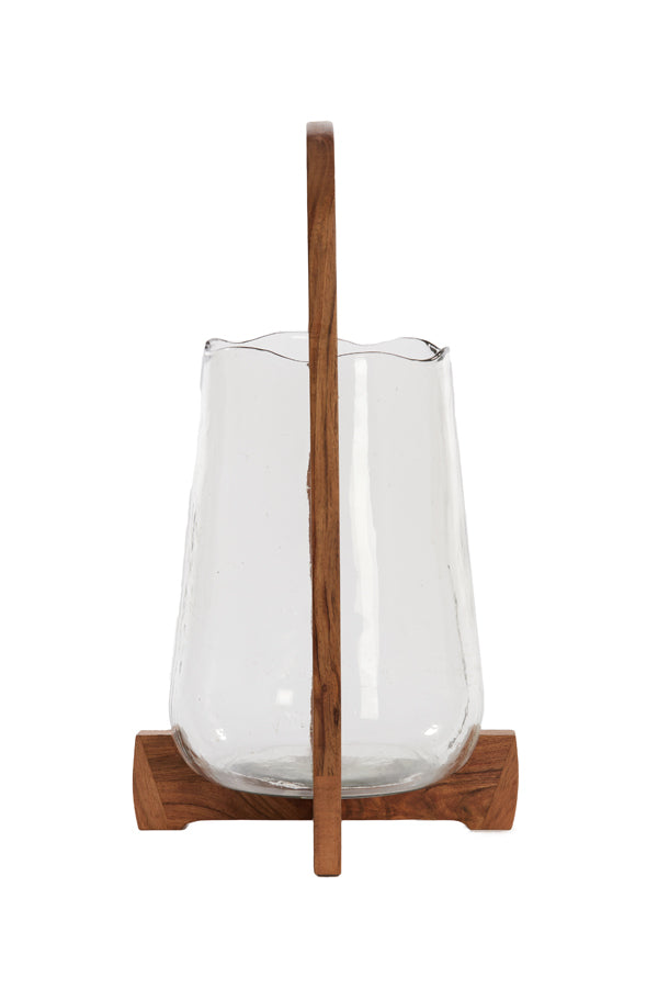 Clear Anosy Glass Hurricane Lantern with Natural Wood Base - 26x48 cm