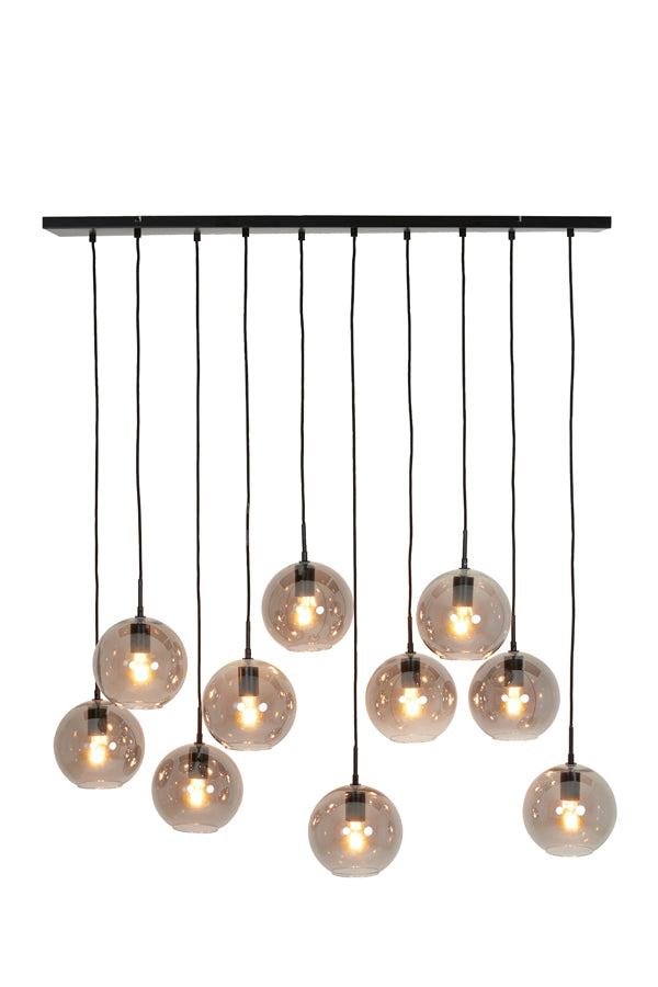 Contemporary 10-Light Pendant in Matte Black with Smoked Glass Orbs