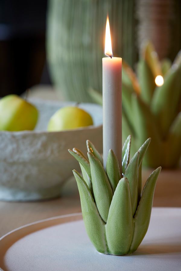 Cactus Ceramic Candle Holder in Light Green - 13x16 cm