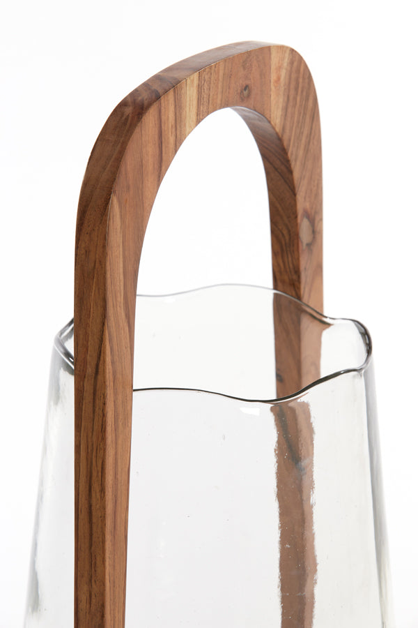 Clear Anosy Glass Hurricane Lantern with Natural Wood Base - 26x48 cm