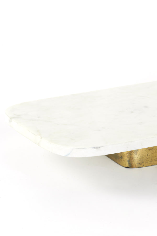 Marble Elegance: White-Antique Bronze Dish on Base 50x24x7 cm