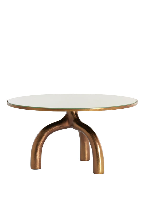 Round Coffee Table with Shiny Brown Bronze Base and Taupe Glass Top