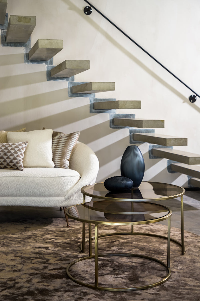 Duarte Round Glass Nesting Coffee Tables – Brown Glass & Gold Finish (Set of 2, Ø65x39cm + Ø75x44cm)