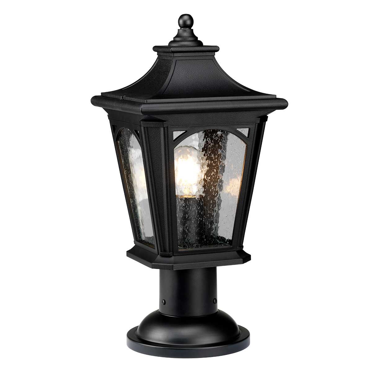 Elegant Mystic Black Outdoor Pedestal Lantern with Tiffany Glass