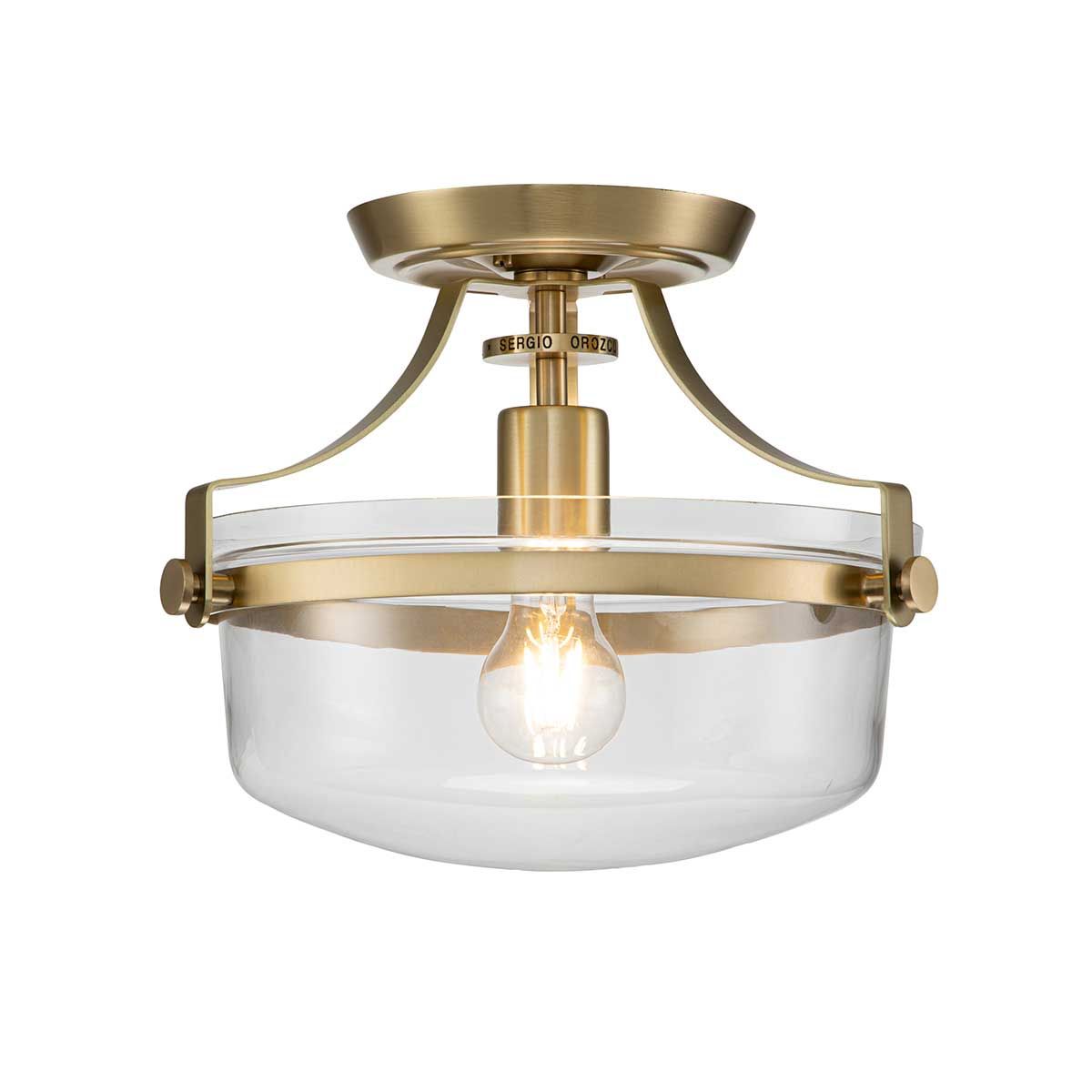 Elegant Brushed Brass Semi-Flush Ceiling Light with Clear Glass Bowl