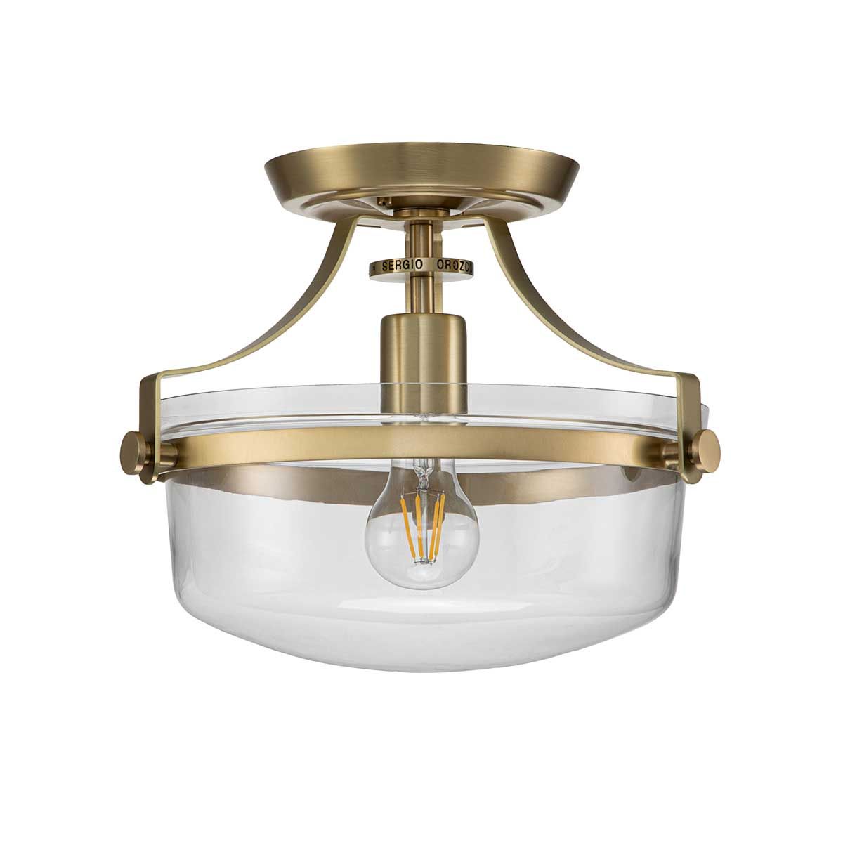 Elegant Brushed Brass Semi-Flush Ceiling Light with Clear Glass Bowl