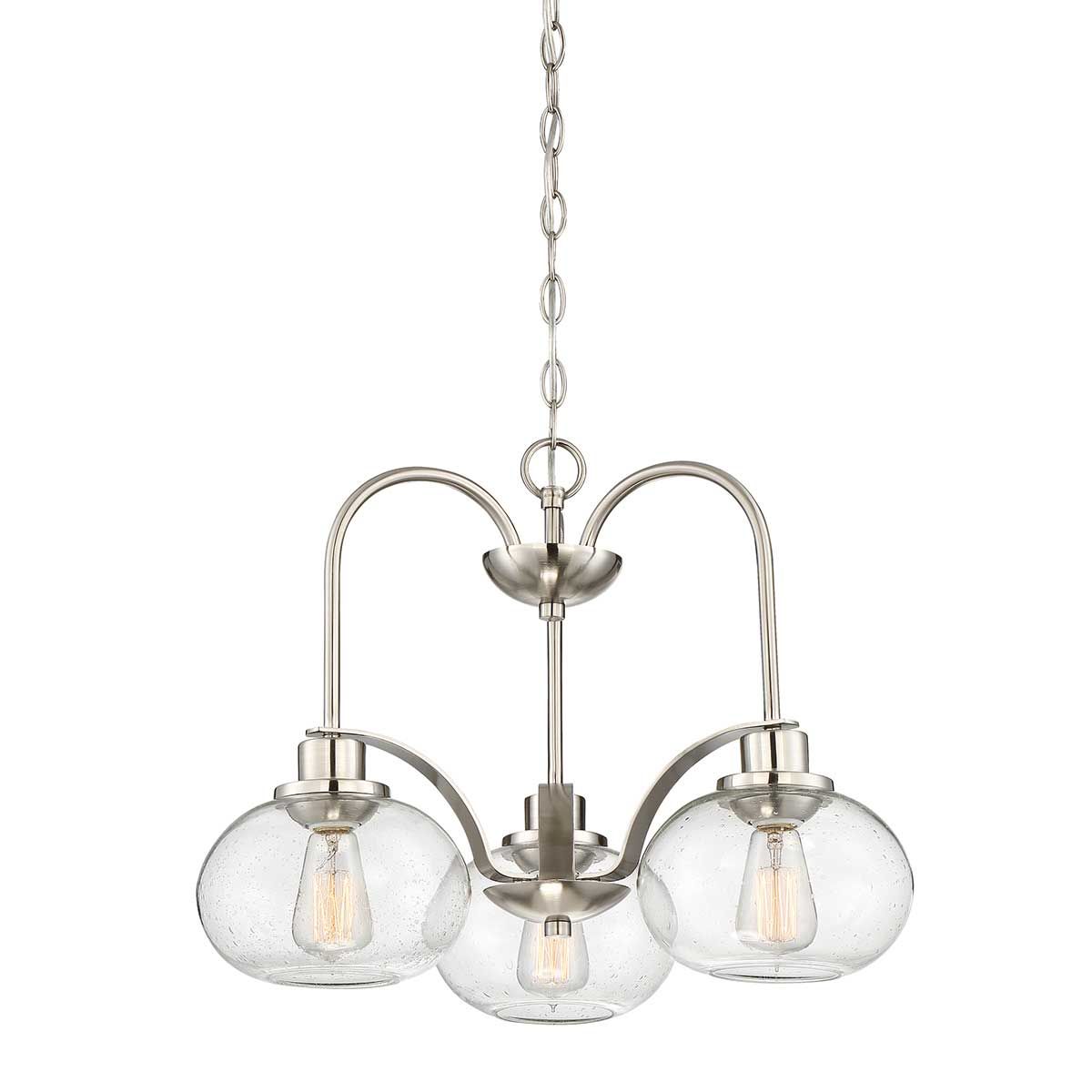 Trilogy Three-Light Vintage Chandelier in Brushed Nickel with Seeded Glass Shades