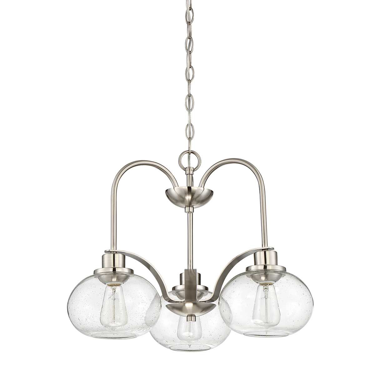 Trilogy Three-Light Vintage Chandelier in Brushed Nickel with Seeded Glass Shades