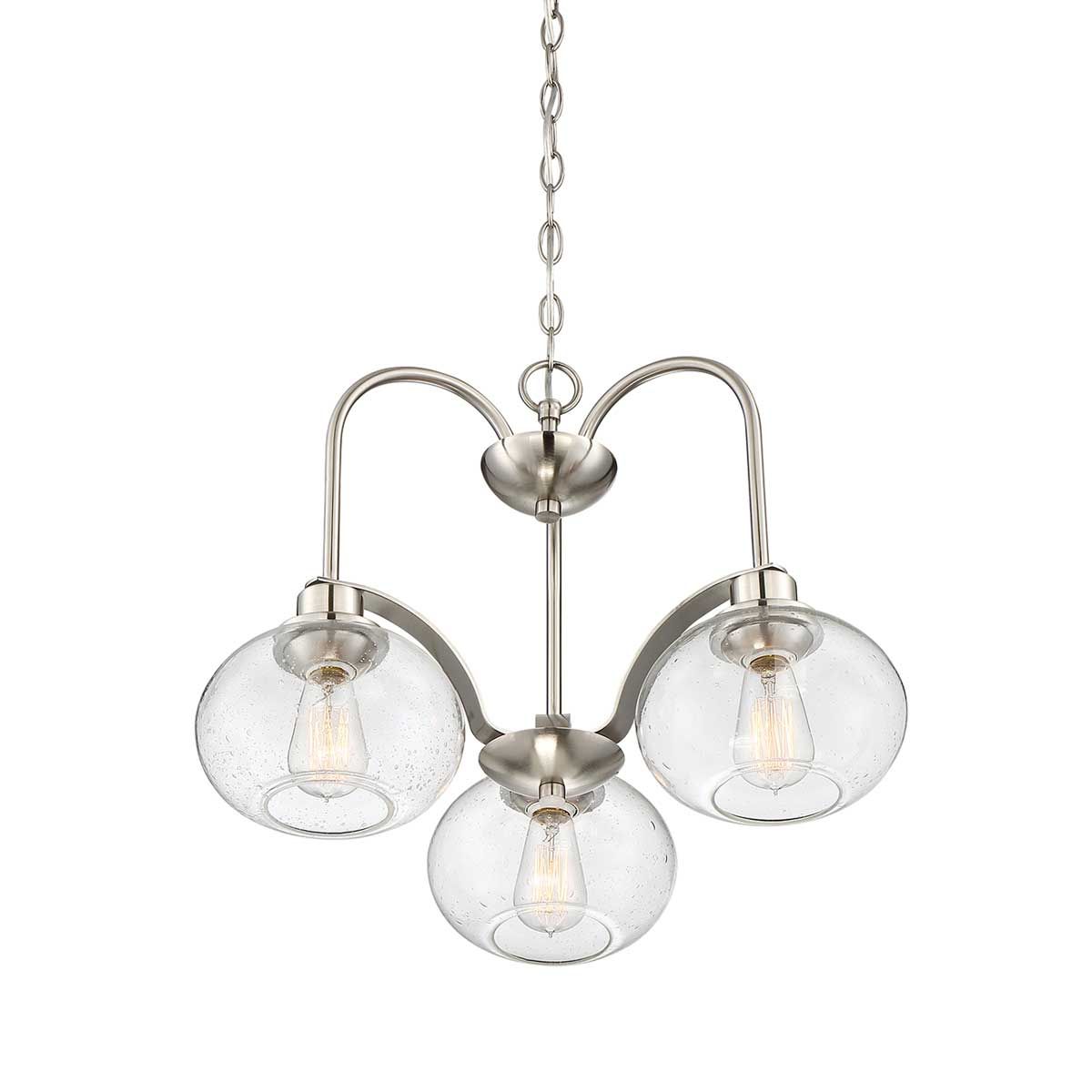 Trilogy Three-Light Vintage Chandelier in Brushed Nickel with Seeded Glass Shades