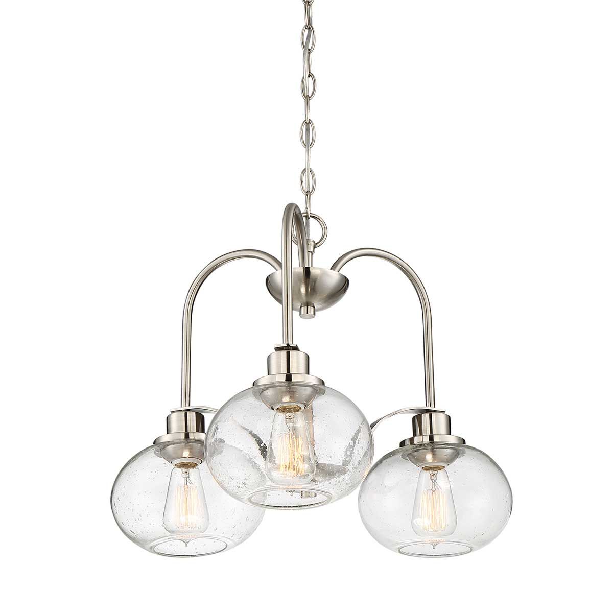 Trilogy Three-Light Vintage Chandelier in Brushed Nickel with Seeded Glass Shades